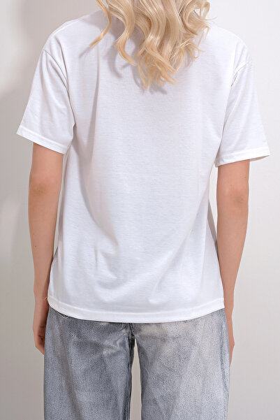 VAGGON Γυναικείο μπλουζάκι με λευκό λαιμόκοψη με φύλλο μπροστά Prmxx12075