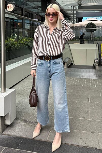 Madmext Kahverengi  Cep Detaylı Çizgili Kadın Gömlek MG2295