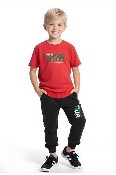 YA KO KİDS Never Give up Printed Boys' Short Sleeve Double Pocket Bottom-Top Suit