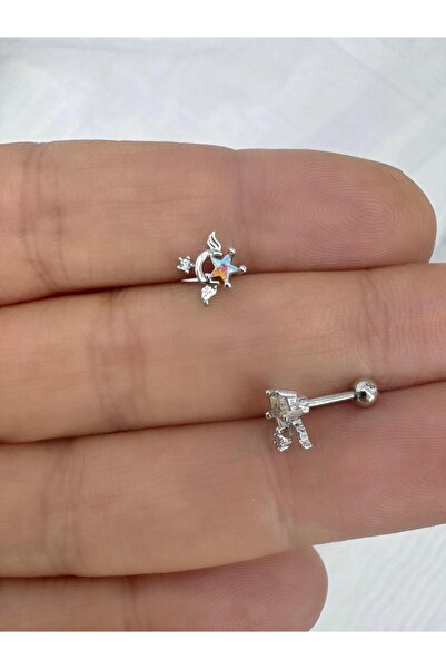 Arescollection çelik yıldız detaylı 1 adet tragus helix lobe kıkırdak uyumlu piercing küpe