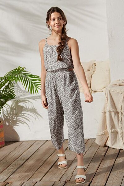 Tchibo Kids Girl Floral Print Jumpsuits, Grey and White