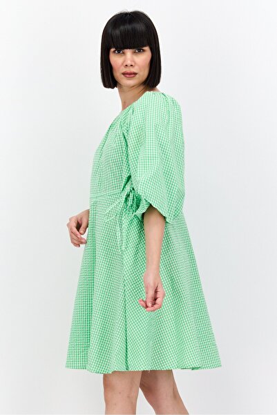 INFLUENCE Women Checkered Drawstring Waist Mini Dress, Green