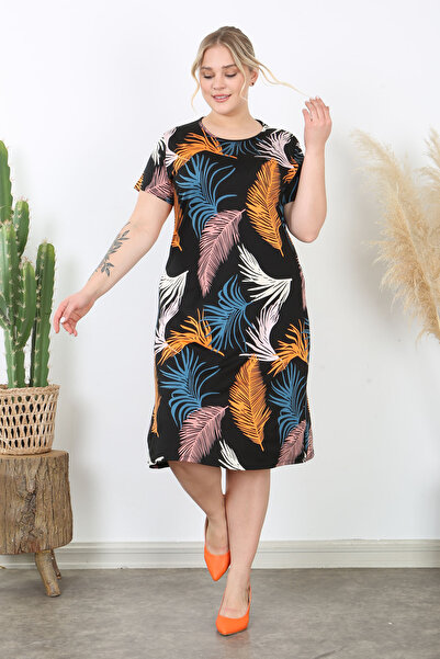 Madwilo Women's Orange Blue Feather Pattern Flexible Viscose Basic Dress