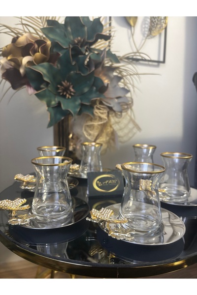 Paşabahçe Ars Metal Plate and Butterfly Stone 12 Piece Tea Set for 6 People, Tea Set, Metal Tea Plate