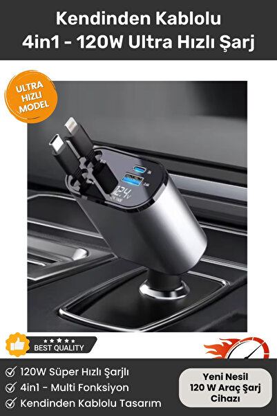 Noriyen Yeni Nesil 4in1 120W Araba Hızlı Şarj Tüm Arabalara Uyumlu Type C + Lightning Kablolu Şarj Aleti