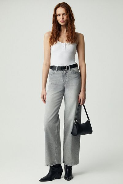 GRIMELANGE Cocına Women's Relaxed Fit Wide Leg 100% Cotton Washed Gray Trousers