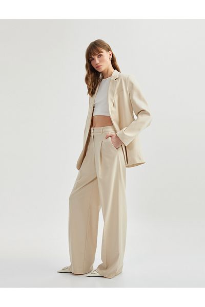 Koton High Waist Pleat Detailed Wide Leg Fabric Trousers with Pockets
