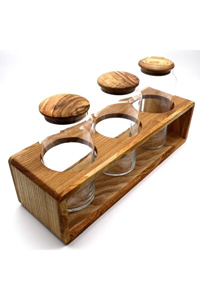 Wood Provence Ahşap Kapaklı 3'lü Cam Kavanoz Seti Standı - Büyük