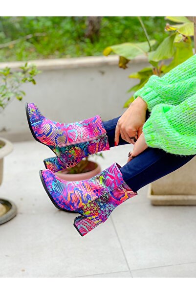 irmona Feli Renkli Yılan Desenli Kalın Ökçe Bot