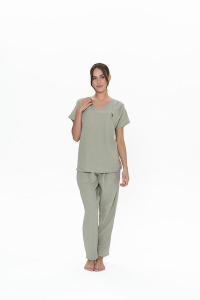 U.S. Polo Assn. Set de pijamale pentru femei cu licență USPA - 100% bumbac, decolteu în V kaki, mâneci scurte
