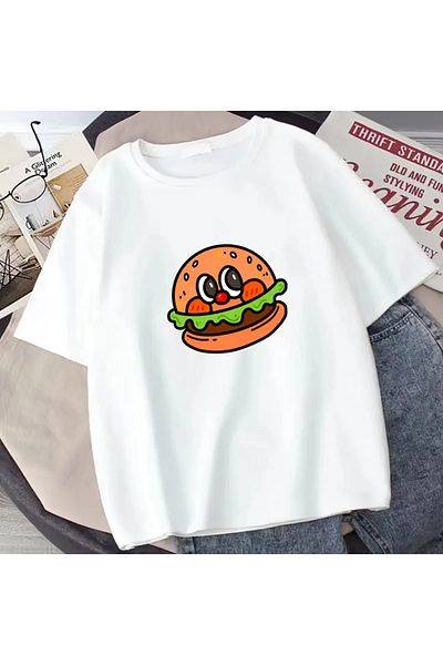 Pink Sky Μπλουζάκι μεγάλου μεγέθους Hamburger με στάμπα χτενισμένο βαμβακερό μπλουζάκι για όλες τις εποχές