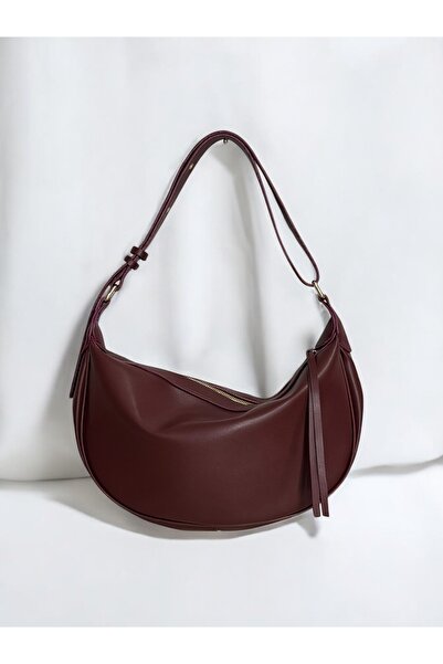 SOFT Fermuarlı Püskül Detaylı Bordo Oval Omuz Çantası