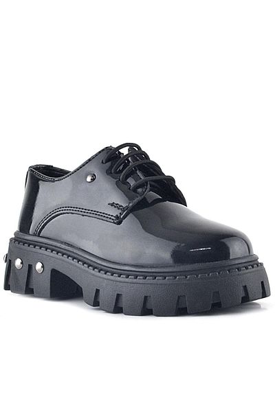 Rakerplus Black Patent Leather Laced Metal Detailed Girls' Oxford Casual Shoes