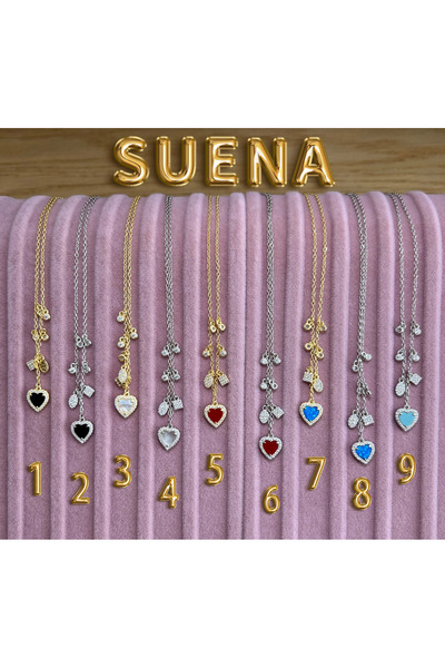 suena 925 Ayar Gümüş Sallantılı Opal Mavi Gümüş Renk Kalp Kolye(8 NUMARA)