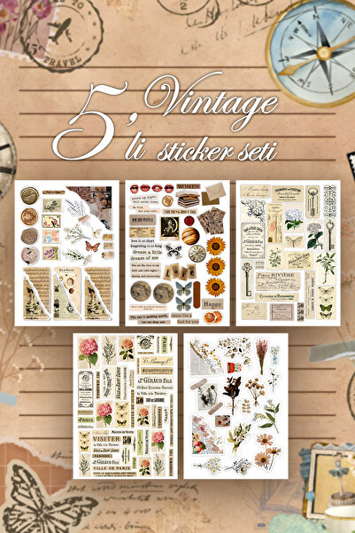 tifopix 5 Sayfa Vintage Sticker Seti Planner Ajanda Bullet Journal Için Uygun Set