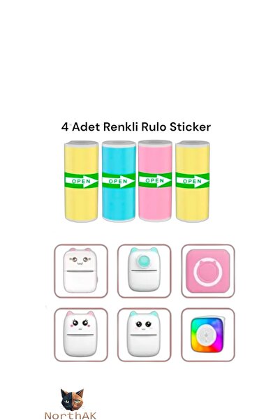 NorthAK 4 Adet Renkli Mini Yazıcı Rulosu Yapışkanlı - Renkli Mini Yazıcı Rulo...