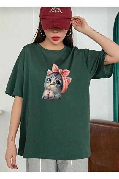 KOZİA OUTDOORS χαριτωμένο μπλουζάκι unisex με στάμπα γάτας oversize βασικό με...