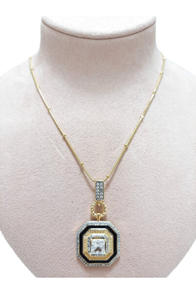 Tasarım Çelik Kolye Kare Zirkon Taşlı Siyah Sekizgen Charm Dorika Zincir 40 c...