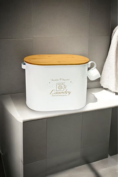 Albifoni Metal Bölmeli Bambu Kapaklı Ölçekli Toz Deterjanlık, Tablet Saklama ...