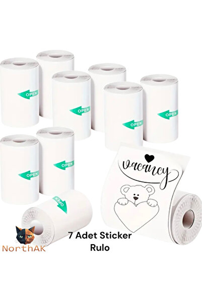 NorthAK 7 Adet Mini Yazıcı Rulosu Yapışkanlı Sticker Beyaz - Mini Yazıcı Rulo...