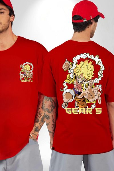 Navcoli One Piece Anime Gear 5 Luffy and Red T-Shirt - Cotton Combed, Back Printed T-Shirt for Women and Men