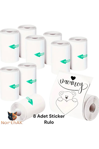 NorthAK 8 Adet Mini Yazıcı Rulosu Beyaz Sticker - Mini Printer Sticker Yapışk...