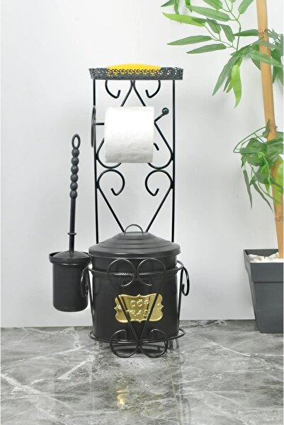 TOPTANFONİ Metal Plakalı Tuvalet Kağıtlığı, Sabunluk Ve Çöp Kova Seti Siyah