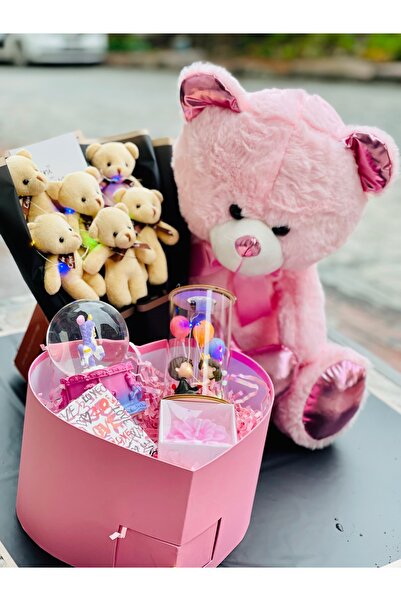 KUTULU AYICIK Pembe peluş ayıcık ışıklı ayıcık buketi pembe kalp kutu