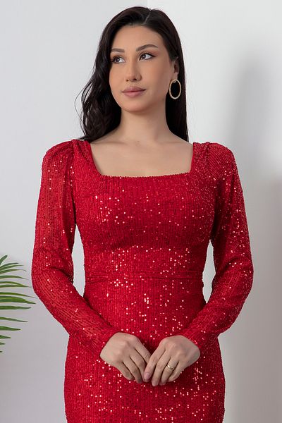 PULLIMM Rochie cu mânecă lungă cu guler pătrat cu paiete - AP-174