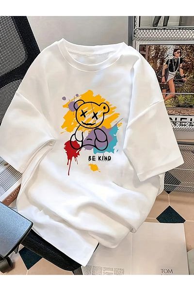 Pink Sky Μπλουζάκι μεγάλου μεγέθους Bear με στάμπα Oversize χτενισμένο βαμβακερό μπλουζάκι για όλες τις εποχές