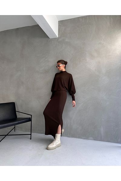 Fav Style Brown Women's Blouse and Long Skirt Set - Half Stand Collar, Bat Sleeve and Slit Detail