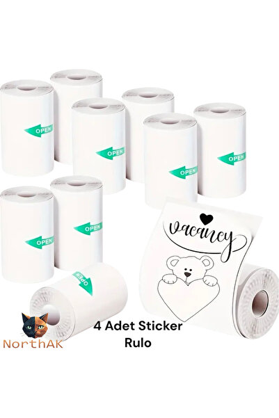 NorthAK 4 Adet Mini Yazıcı Rulosu Yapışkanlı Beyaz Sticker - Mini Printer Rul...