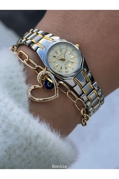 Almera Vintage Minimal Vip Design - Gold-Silver Steel Band Women's Wristwatch with Heart Bracelet Gift