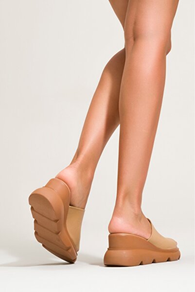 PASSAGE SHOES Genuine Leather Women's Wedge Heeled Slippers - 6307 Caramel