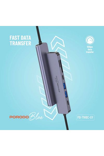 porodo Blue 7In1 Hub Hdmi 2Xusb-A 2Xusb-C Sd Microsd