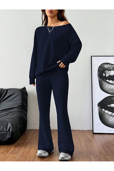 poswicon Navy Blue Loose Wide Collar High Waist Spanish Leg Pants Sweatshirt Suit