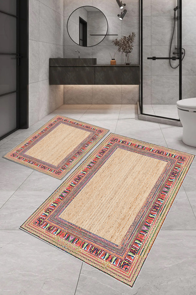 ROVİGO HOME سجادة حمام حديثة بطباعة رقمية من Rovigo Home سجادة حمام مزدوجة RVG5-SD322 مقاس 100x60+60x50 سم