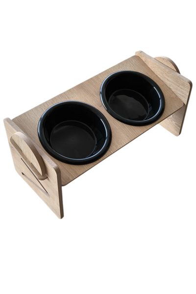 TİNEKE Adjustable Wooden Cat and Dog Food and Water Bowl with 2 Plastic Rhinestones Black
