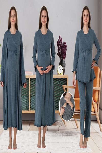 Puerpera Maternity Maternity Nightgown Dressing Gown and Pajamas Set with Effortt Secret Breastfeeding 4046