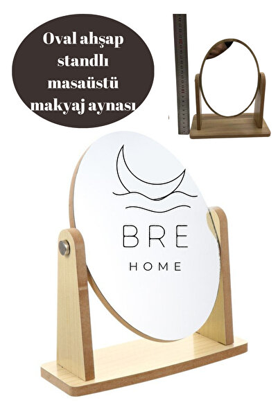 BRE HOME Oval ahşap standlı dönerli masaüstü makyaj aynası traş aynası 13x15 cm