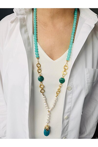 DEVİ fashion Long Natural Stone and Real Pearl Design Necklace 88cm