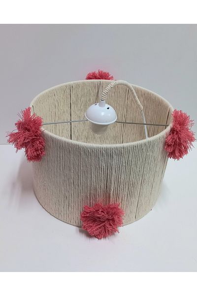 C&A&B KUZEY AVİZE Ecru Macrame Rope Wrapped Pomegranate Flower Pompom Baby Girl and Children's Room Design Pendant Lamp Chandelier