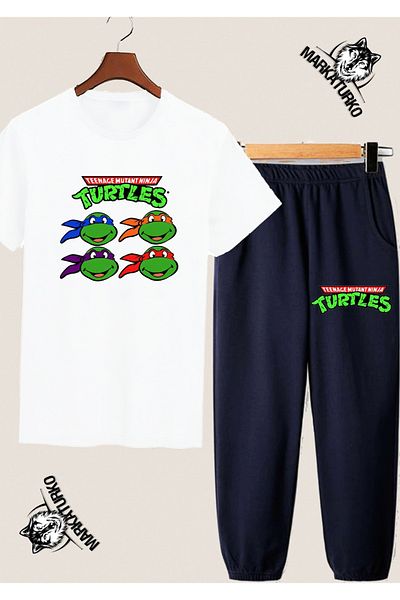 MarkaTurko Ninja Hoodies Printed White and Navy T-Shirt and Sweatpants Combo - 10845345