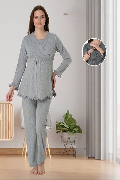 Puerpera Maternity Maternity Nightgown Dressing Gown and Pajamas Set with Effortt Secret Breastfeeding 4046