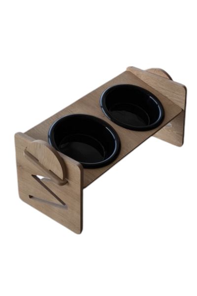 TİNEKE Adjustable Wooden Cat and Dog Food and Water Bowl with 2 Plastic Rhinestones Black