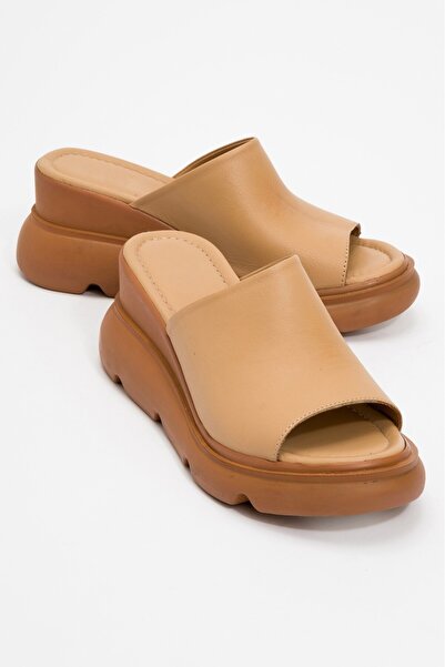 PASSAGE SHOES Genuine Leather Women's Wedge Heeled Slippers - 6307 Caramel