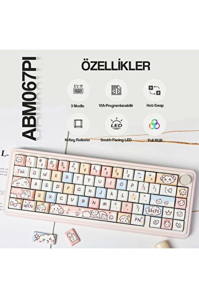 CIDOO ABM067 Nebula Esports RGB Mekanik 3 Mode Kablosuz Klavye (PEMBE)