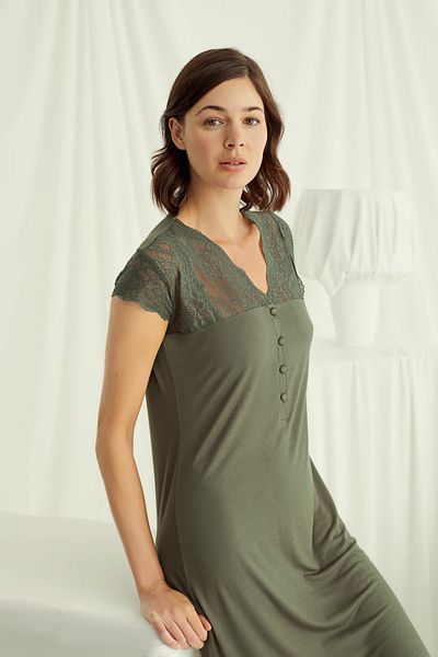 MONAMİSE Khaki Women's Midi Nightgown - 94% Viscone, 6% Elastane, V-Neck, Lace Detail, Short Sleeve