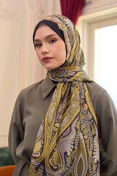 İpekhan 9804-02 Model șal din voile cu model auriu și șal de mătase