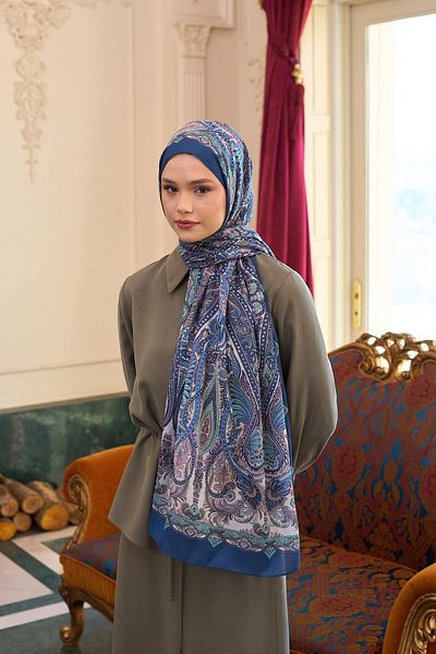 İpekhan Șal din voile cu model albastru petrol - 9804-13